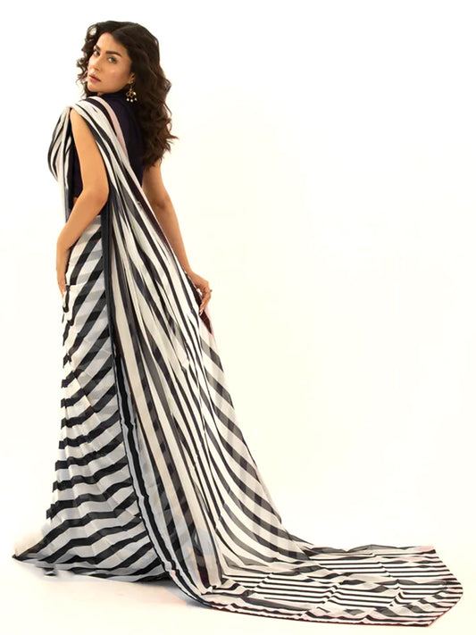 Black & White Striped Silk Blend Saree – Modern Party Wear
