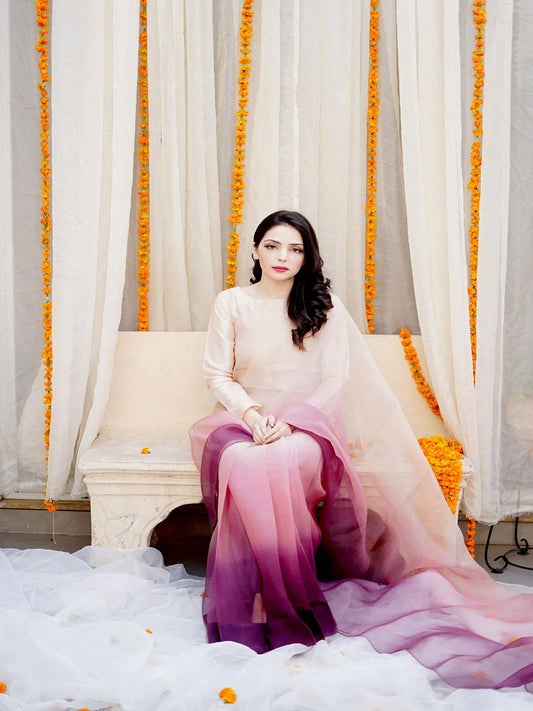 Multicolor Ombre Organza Saree – Vibrant Gradient Designer Drape with Unstitched Blouse