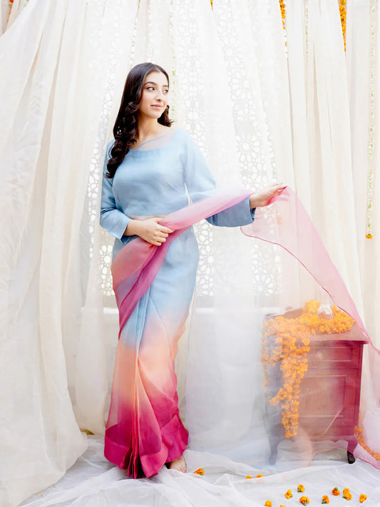 Blue to Pink Coral Ombre Organza Saree – Dreamy Designer Drape with Unstitched Blouse