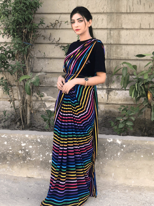 Multicolor Striped Saree on Black Base – Bold Silk Blend Partywear for Women