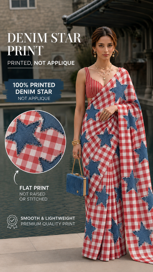 Printed Star Gingham Silk Blend Saree– (Printed, Not Appliqué)