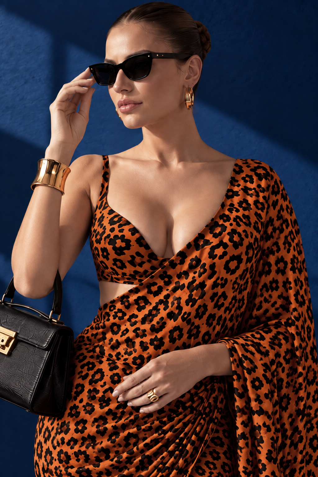 Wild Orange Leopard Silk Blend Saree