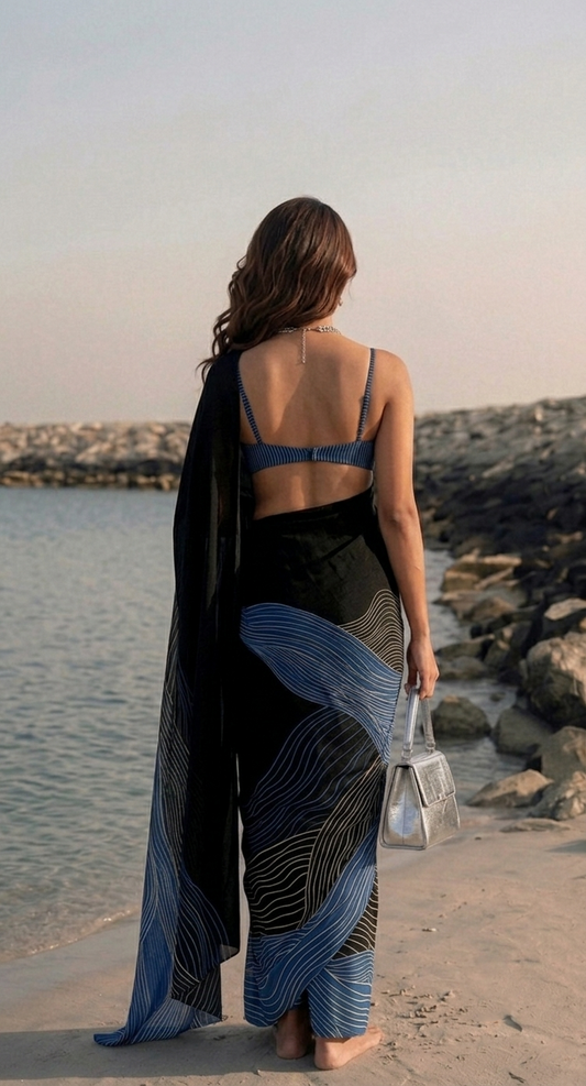 Midnight Blue Wave Print Silk Blend Saree
