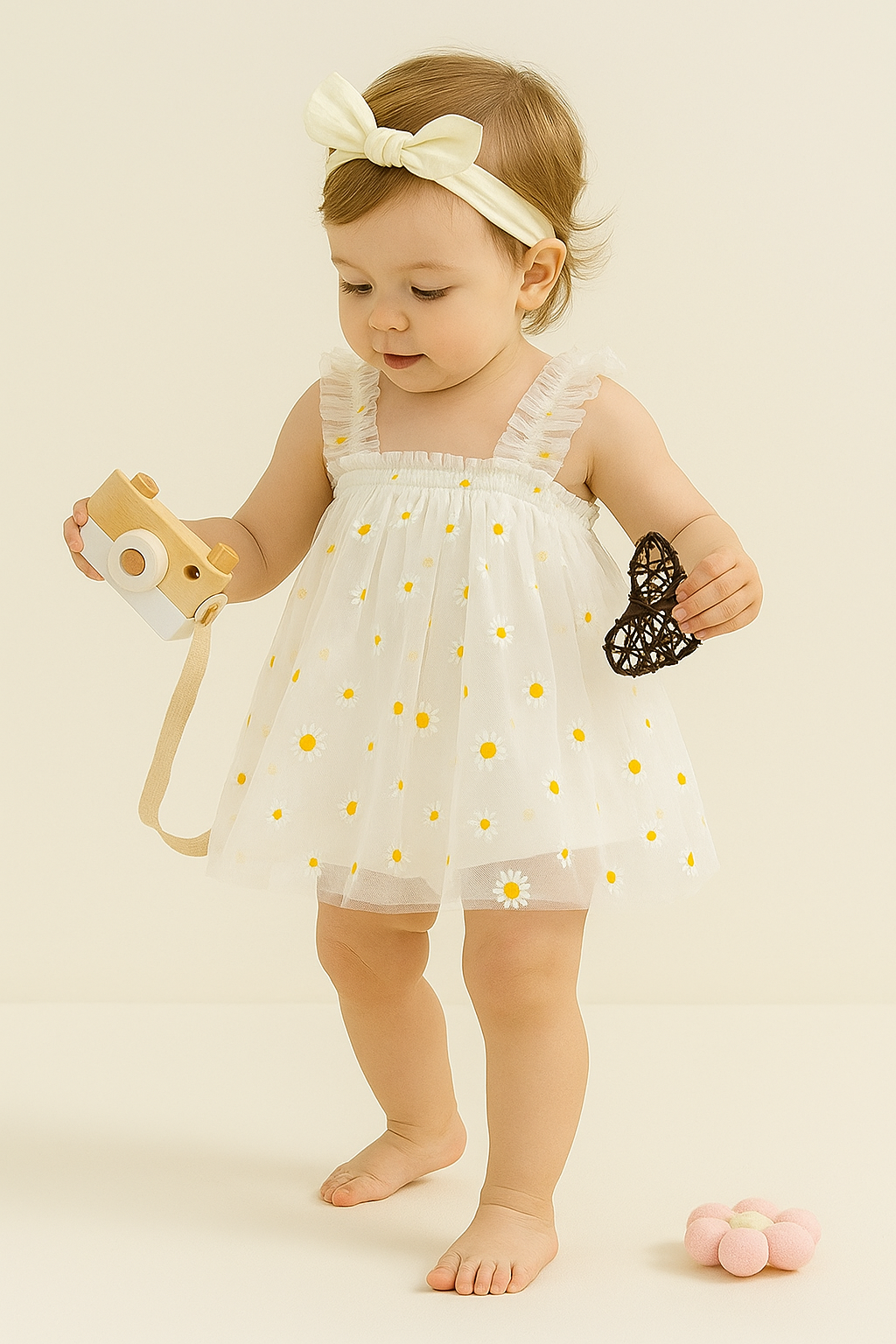 Sweet White Net Tulle Baby Dress with Daisy Print - Princess Party Frock