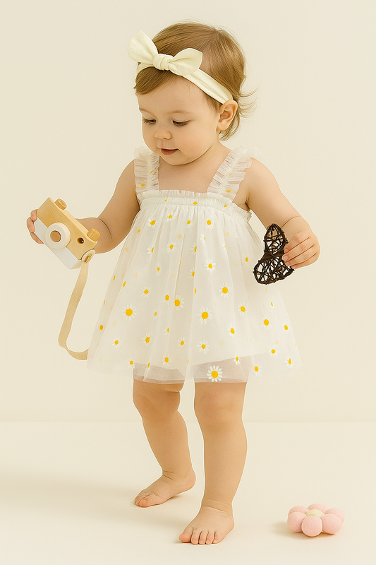 Sweet White Net Tulle Baby Dress with Daisy Print - Princess Party Frock