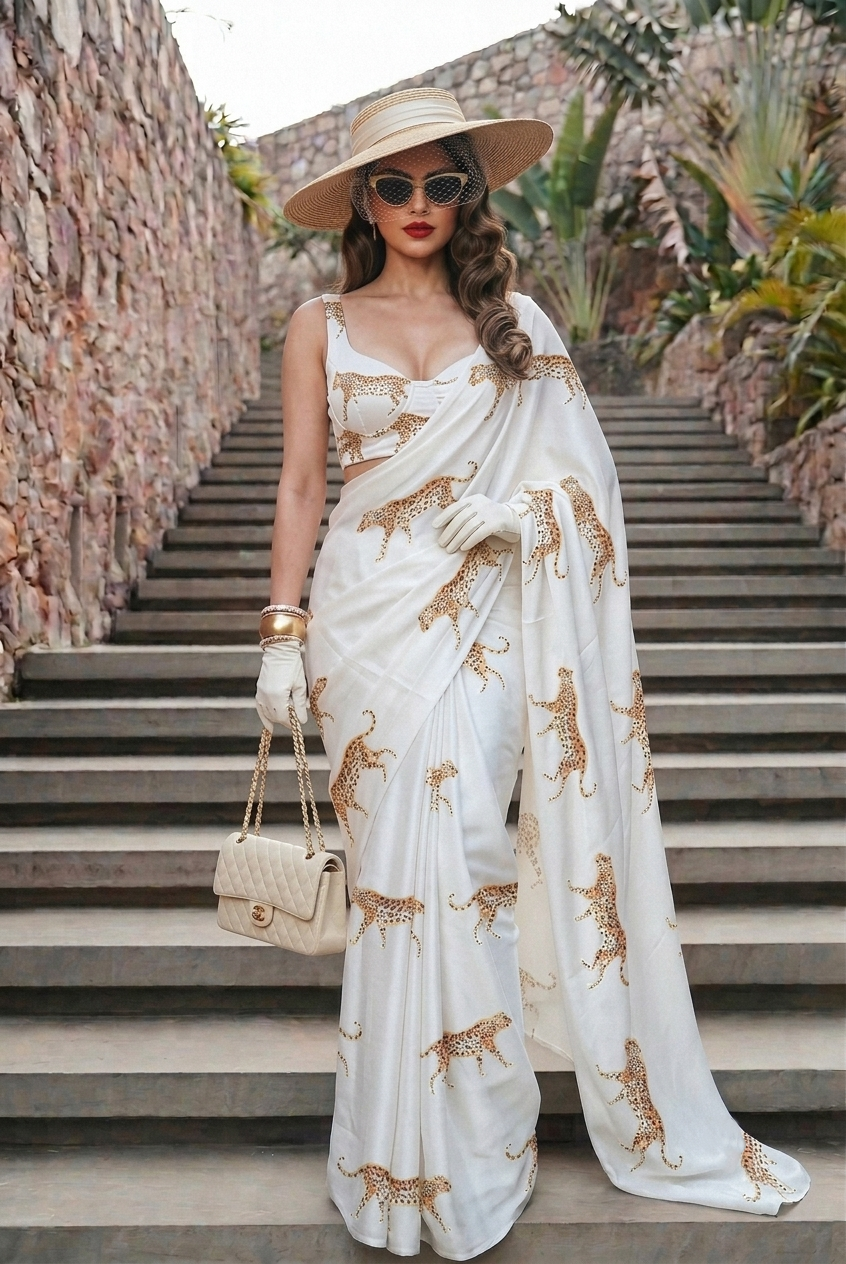 Ivory White Cheetah Print Silk Blend Saree