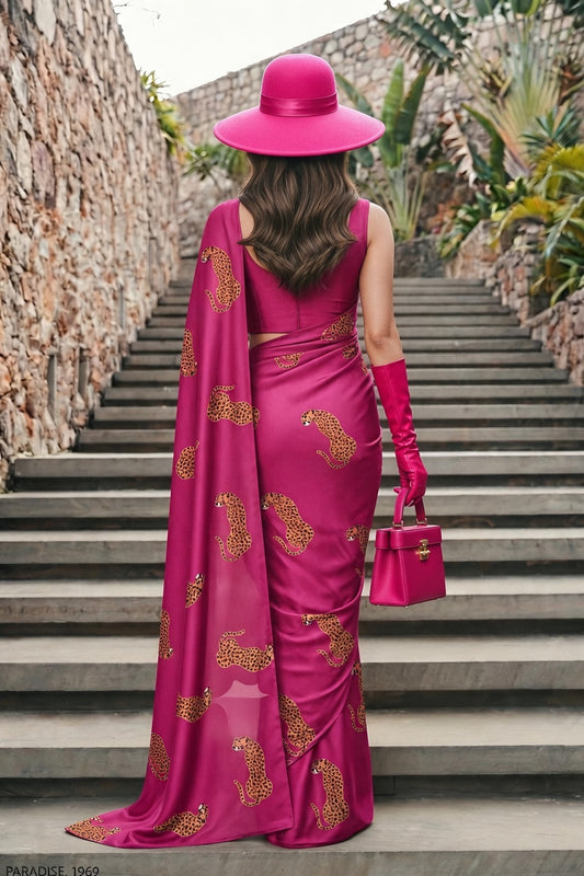 Magenta Cheetah Print Silk Blend Saree