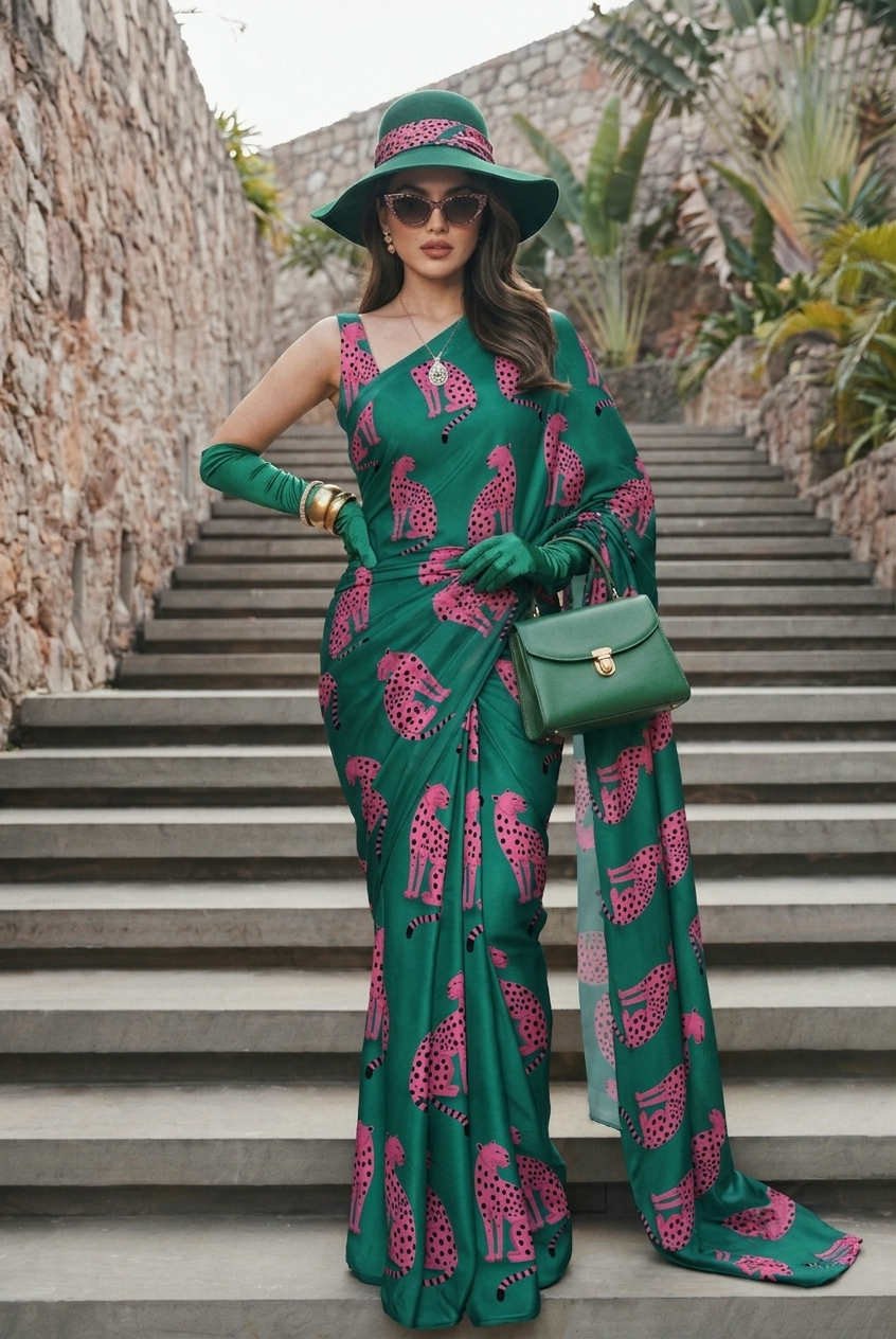 Emerald Green Cheetah Print Silk Blend Saree