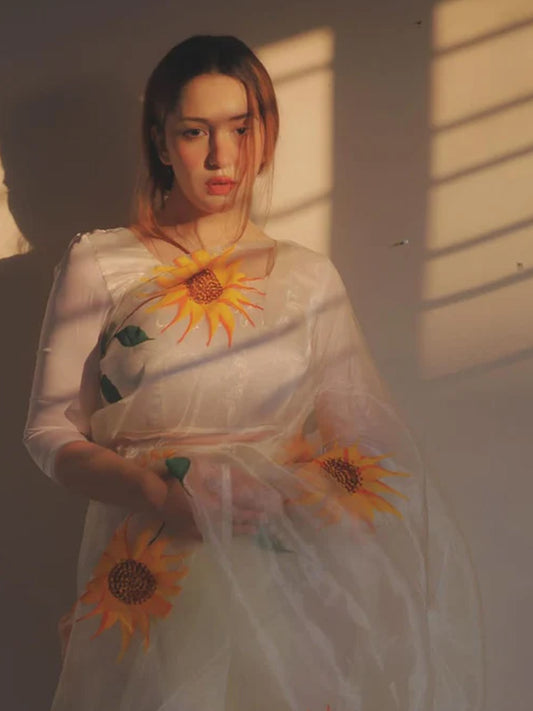 White Sunflower Organza Saree
