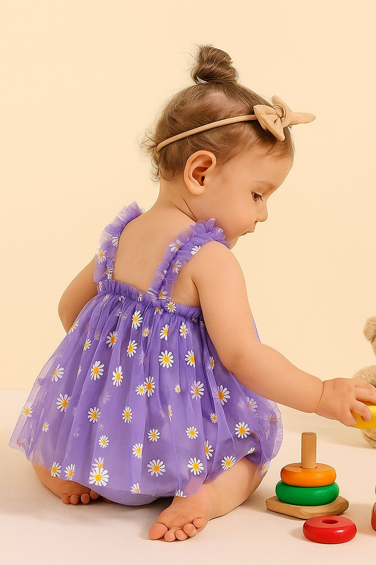 Charming Purple Net Tulle Baby Dress with Daisy Print - Princess Party Frock