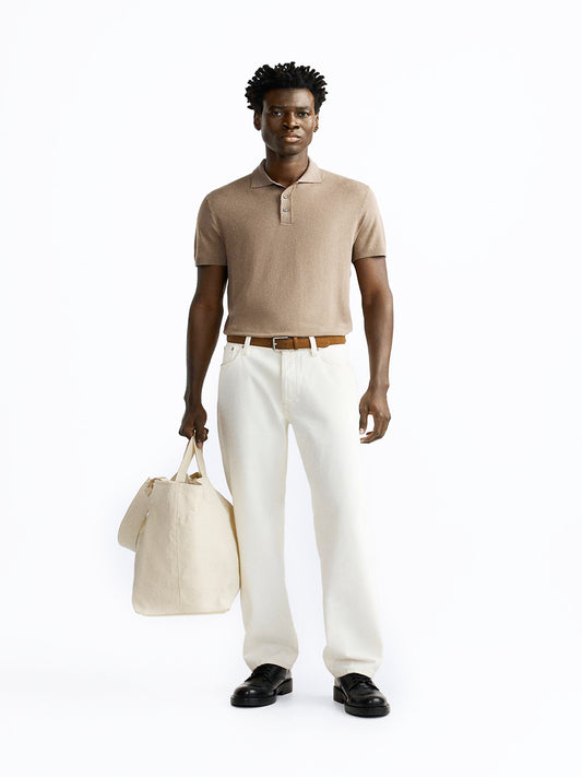 Cotton Polo T-Shirt - Men's Beige Short Sleeve Classic Fit