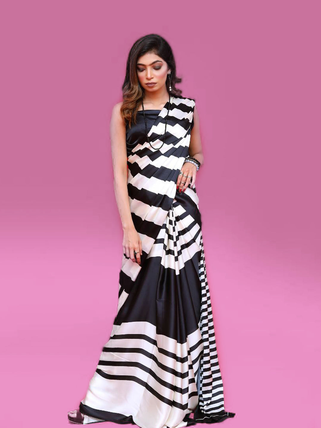 Bold Black & White Striped Satin Silk Saree - Contemporary Designer Drape