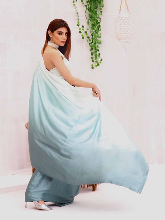 Elegant White Teal Gradient Satin Silk Saree with Halter Blouse