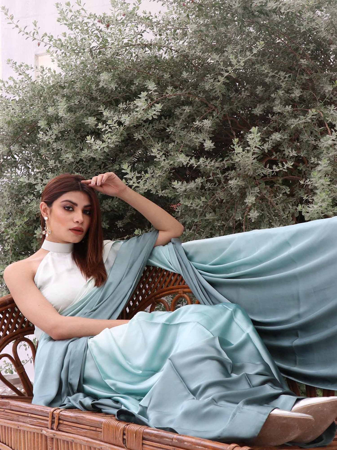 Elegant White Teal Gradient Satin Silk Saree with Halter Blouse