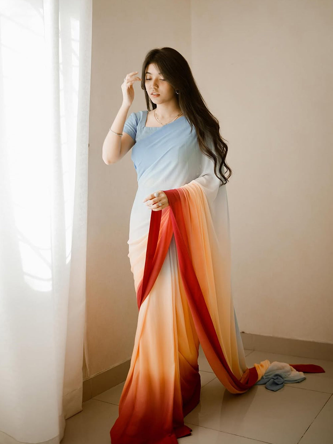 Blue to Red Ombre Saree - Premium Silk Blend with Matching Blouse Piece