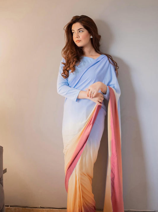 Blue to Pink Coral Ombre Saree - Dreamy Silk Blend with Unstitched Blouse