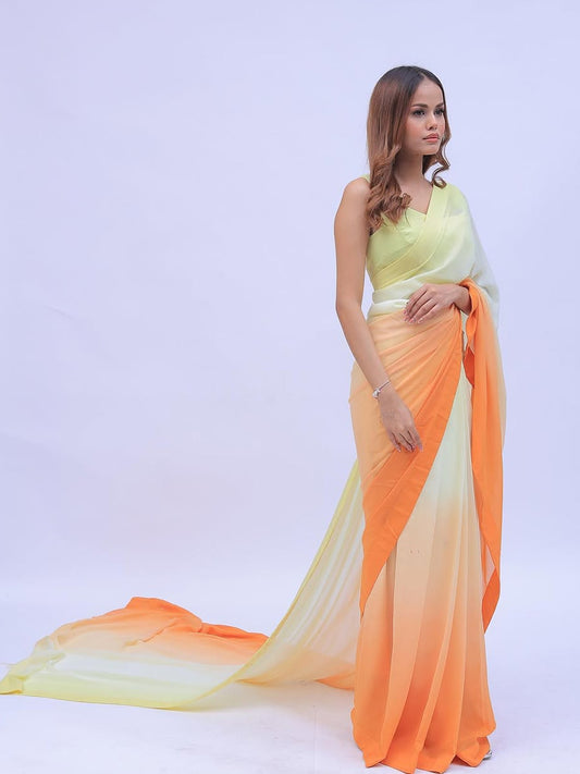 Yellow to Orange Ombre Saree - Lightweight Silk Blend with Unstitched Blouse
