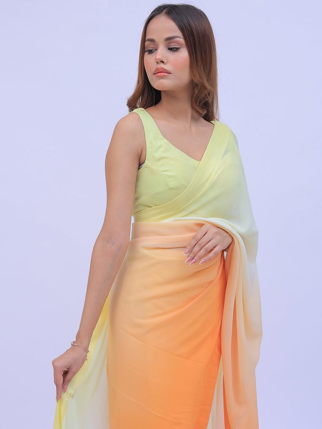 Yellow to Orange Ombre Saree - Lightweight Silk Blend with Unstitched Blouse
