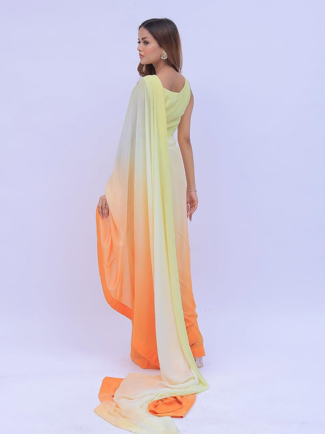Yellow to Orange Ombre Saree - Lightweight Silk Blend with Unstitched Blouse