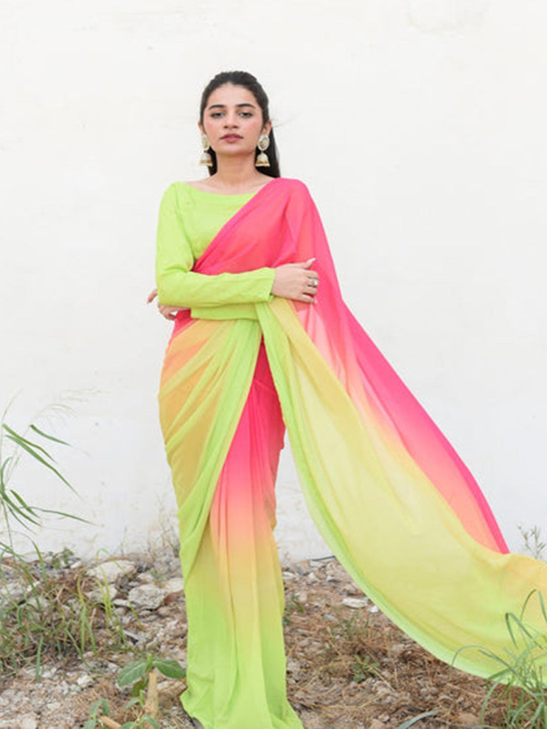 Neon Green to Pink Ombre Silk Blend Saree – Lightweight Partywear for Women