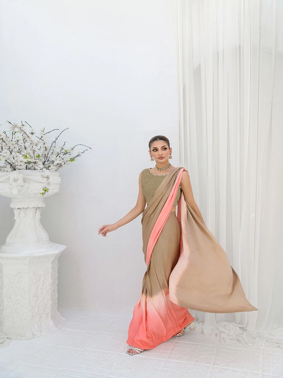 Beige Coral Silk Blend Saree – Contemporary Drape Style Party Wear