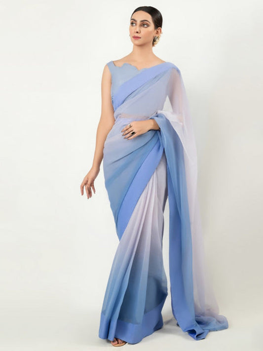 Blue Gradient Ombre Saree – Elegant Party Wear with Flowing Drape