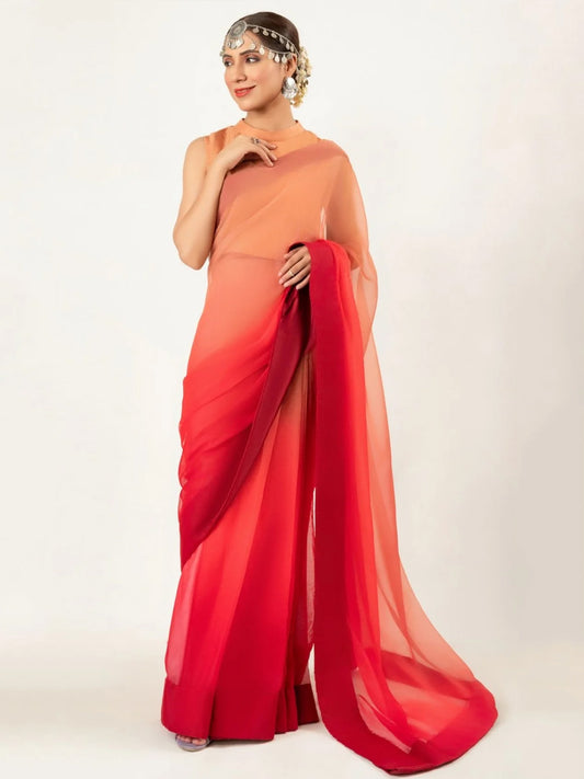 Orange Red Ombre Saree – Vibrant Gradient Party Wear for Women