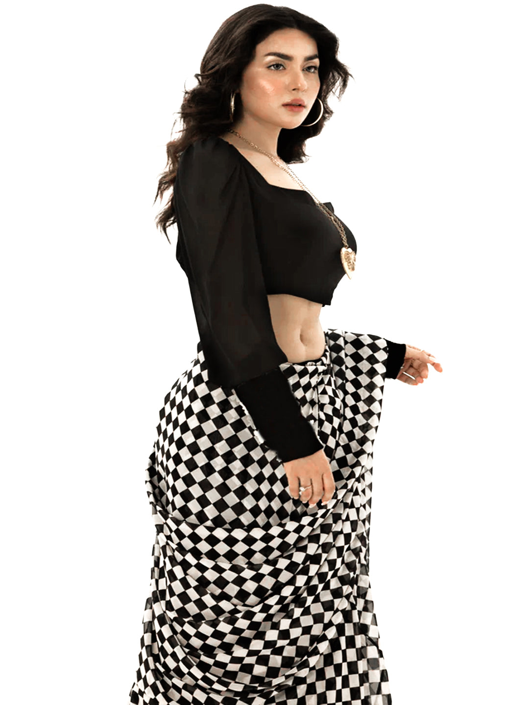 Monochrome Checkered Silk Blend Saree – Lightweight Designer Saree for Parties