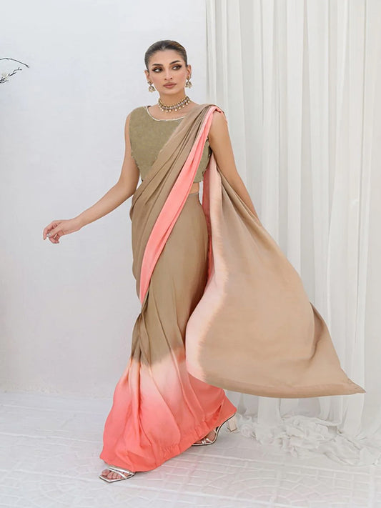 Beige Coral Silk Blend Saree – Contemporary Drape Style Party Wear
