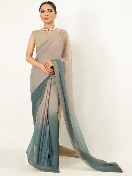 Beige to Teal Ombré Silk Blend Saree – Lightweight Designer Drape for Wedding & Parties
