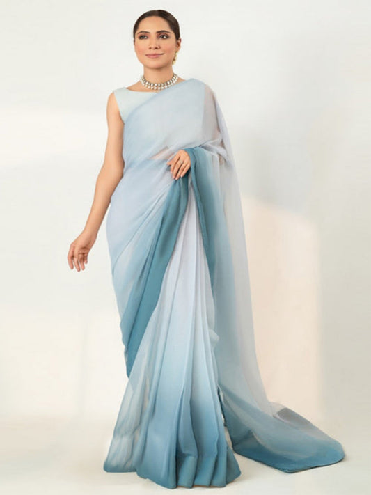 Ice Blue Ombré Silk Blend Saree