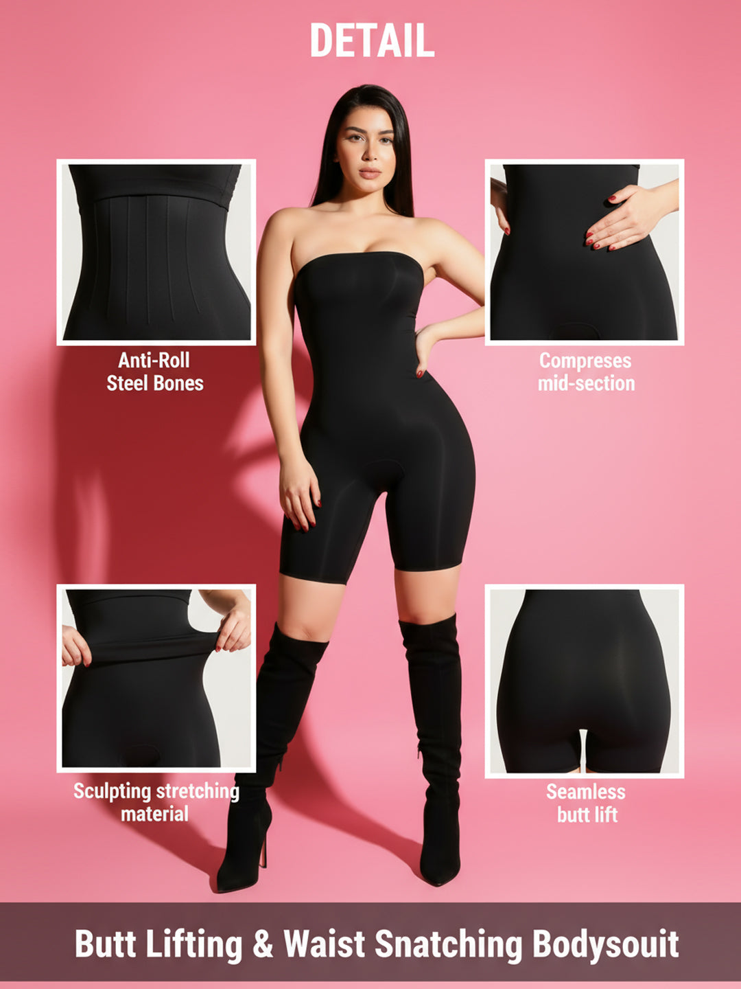 Black Strapless Full-Body Shapewear Unitard - Sleek Silhouette Control