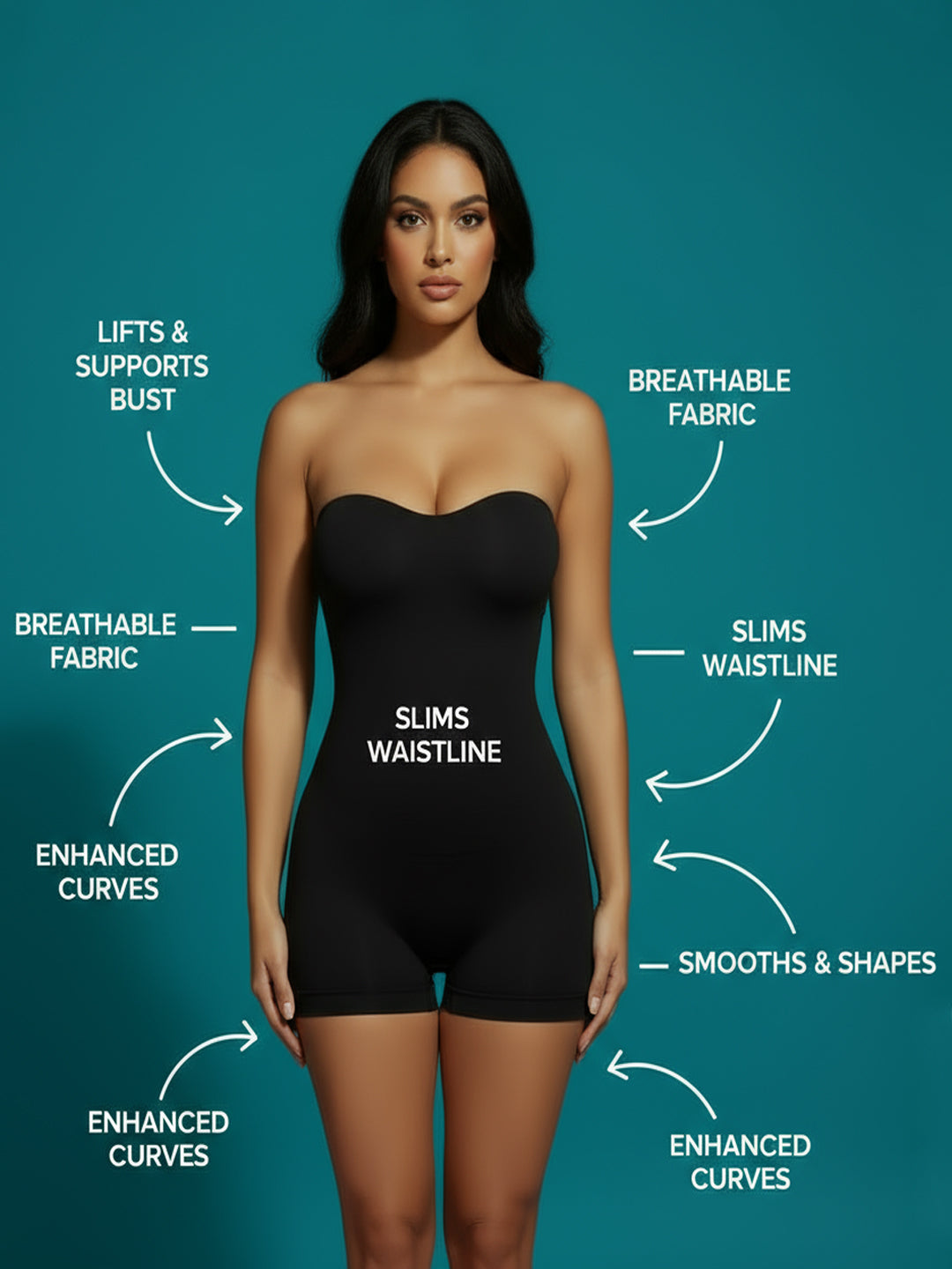 Strapless Shapewear Bodysuit with Shorts - Black
