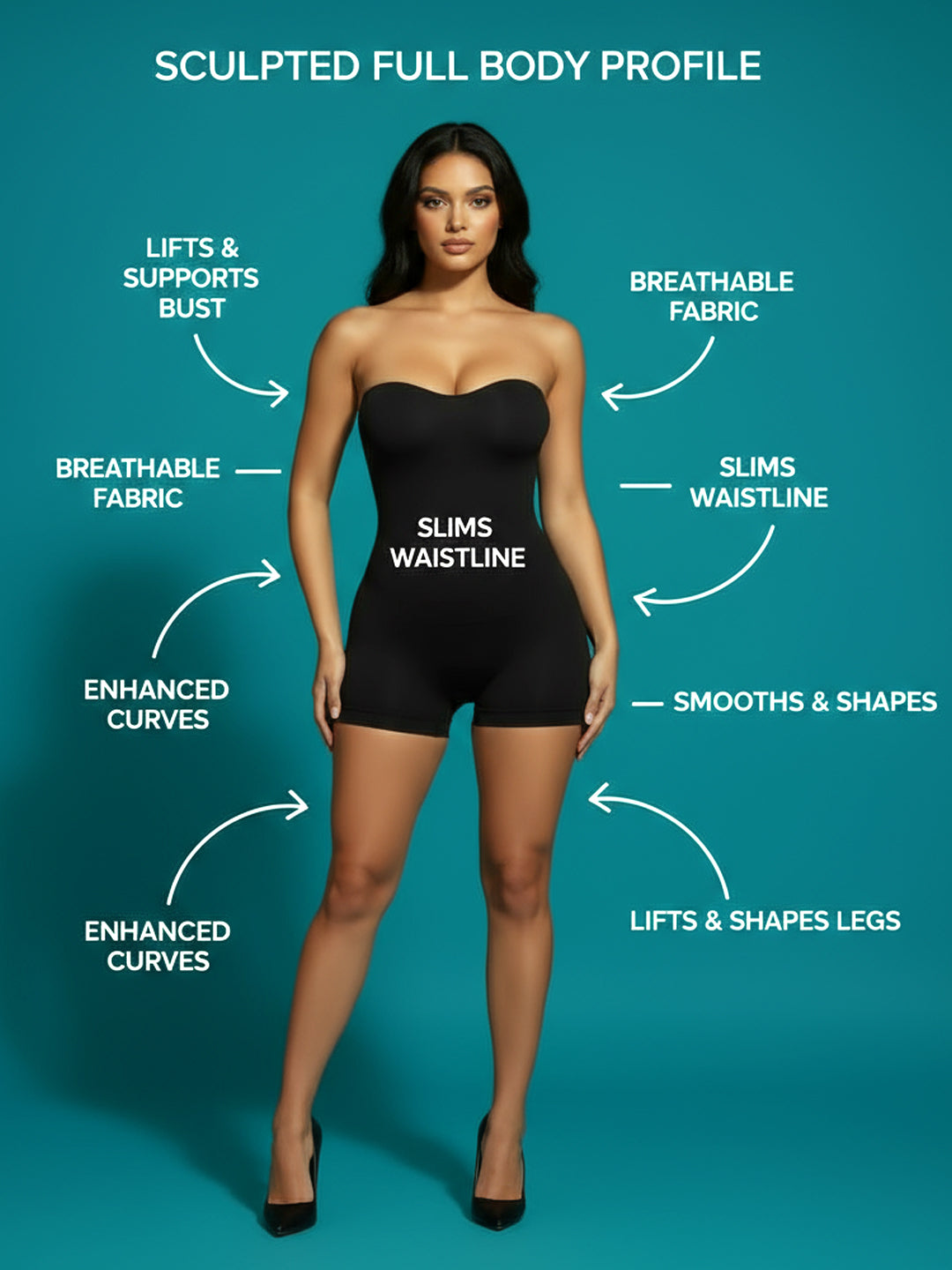 Strapless Shapewear Bodysuit with Shorts - Black