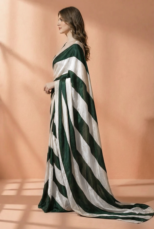 Premium Satin Silk Striped Saree - Green & White