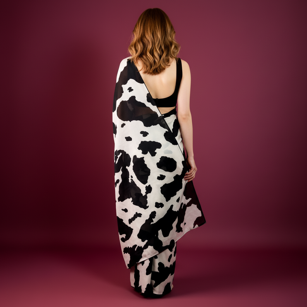 Black and White Cow Printed Silk Blend Saree new