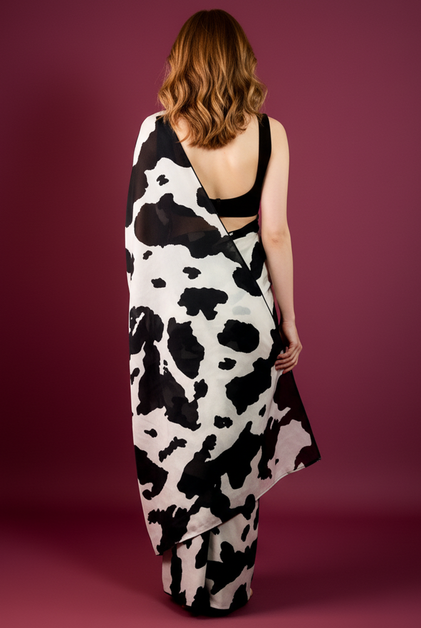 Black and White Cow Printed Silk Blend Saree new