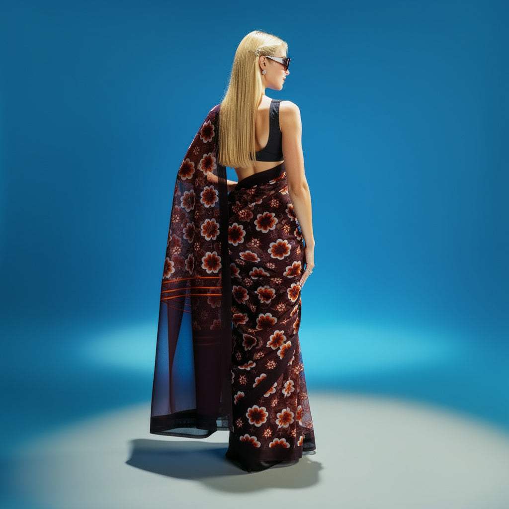 Dark Purple Floral Printed Silk Blend Saree