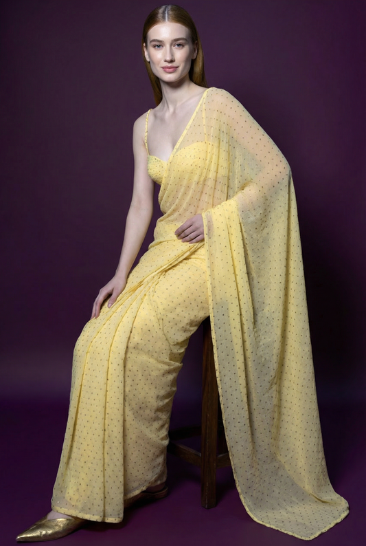 Premium Georgette Polka Dot Saree - Yellow