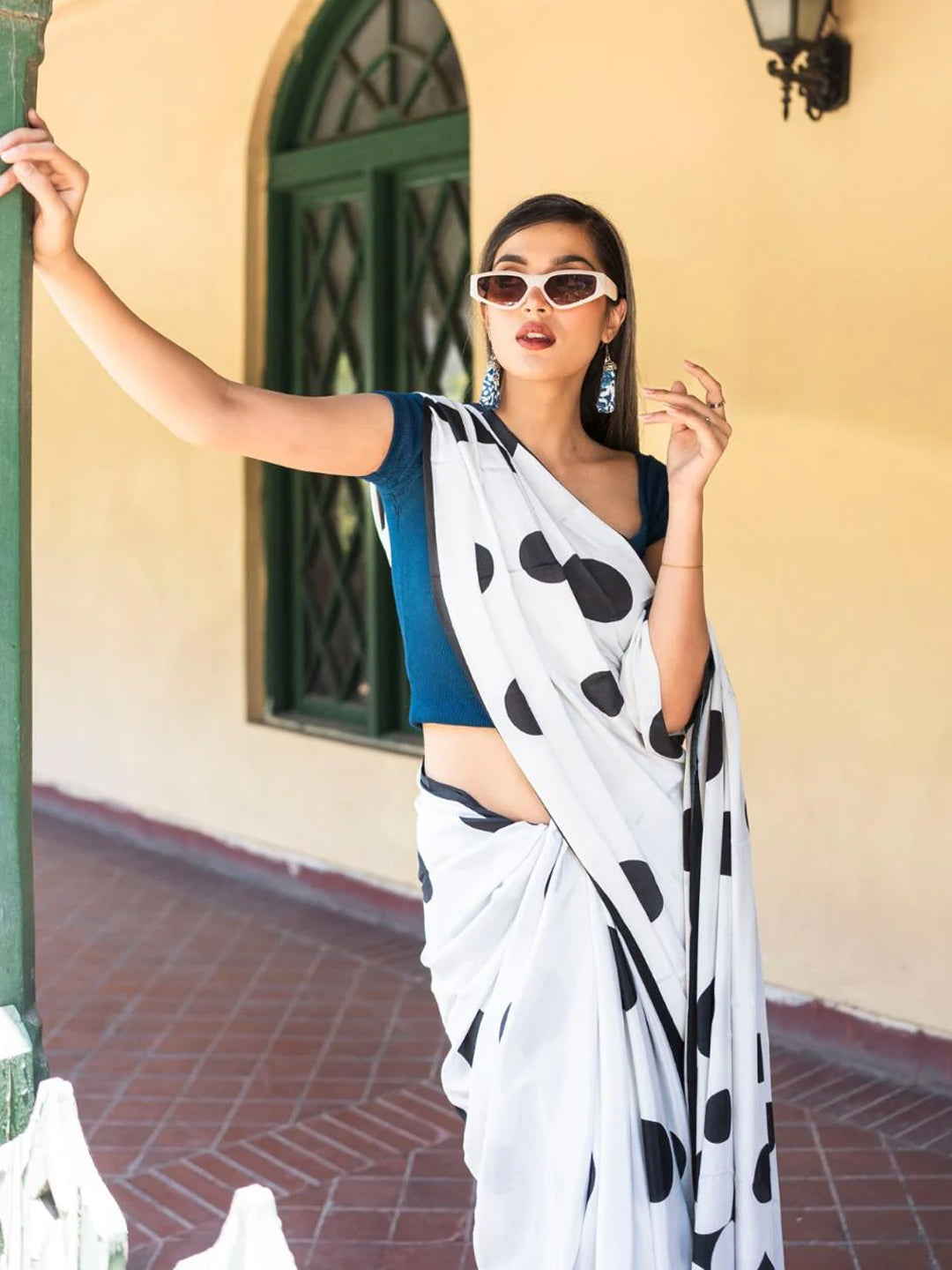 Black and White Polka Dot Saree - Contemporary Print with Unstitched Blouse