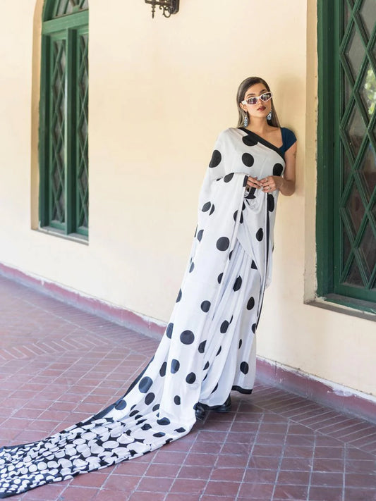Black and White Polka Dot Saree - Contemporary Print with Unstitched Blouse