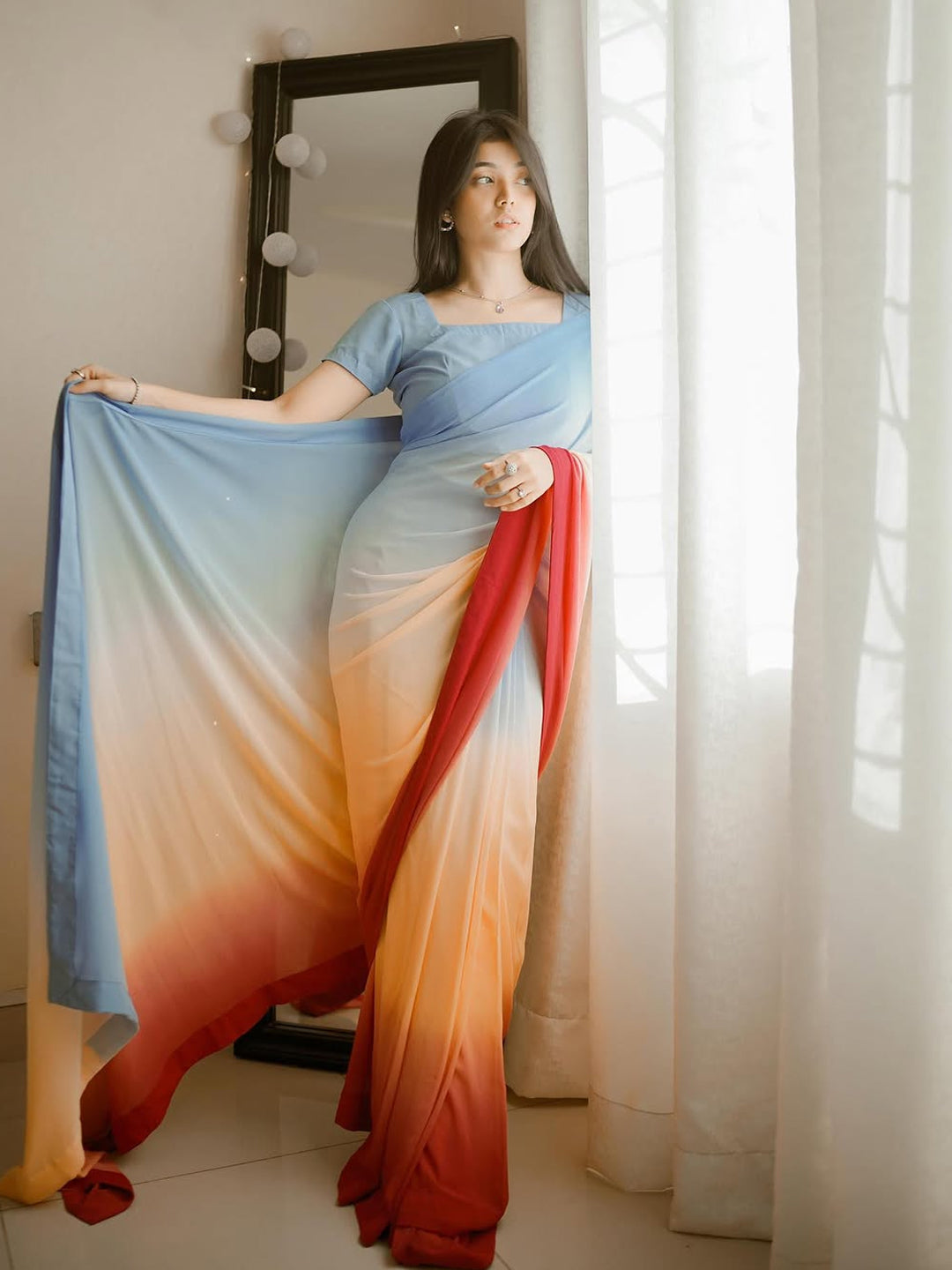 Blue to Red Ombre Saree - Premium Silk Blend with Matching Blouse Piece