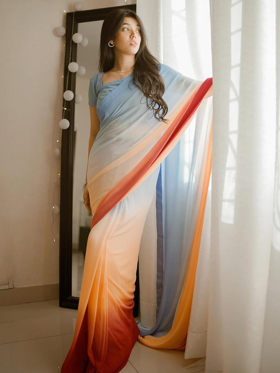 Blue to Red Ombre Saree - Premium Silk Blend with Matching Blouse Piece