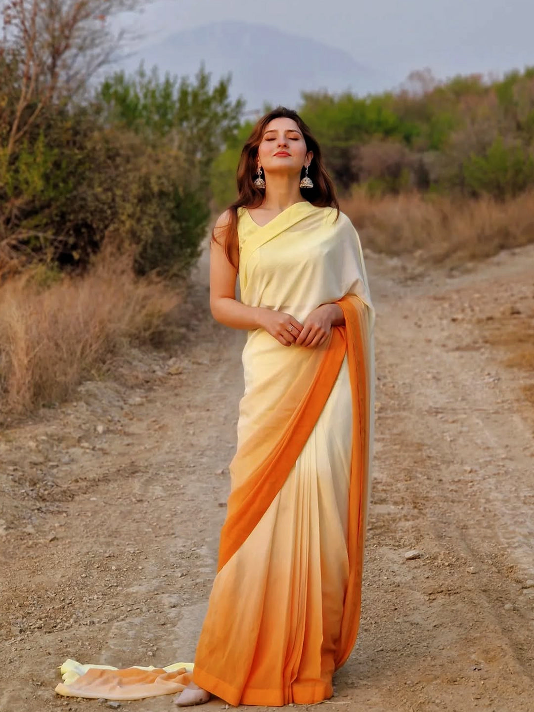 Lemon Yellow to Orange Ombre Saree - Elegant Gradient Silk Blend with Unstitched Blouse