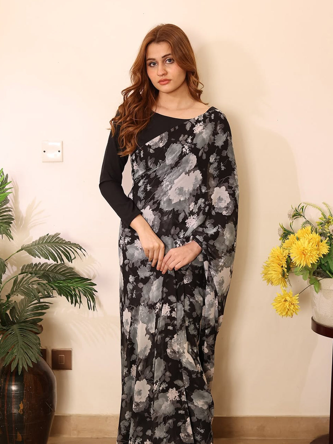 Black Grey Floral Silk Blend Saree – Elegant Party Wear with Long Sleeves