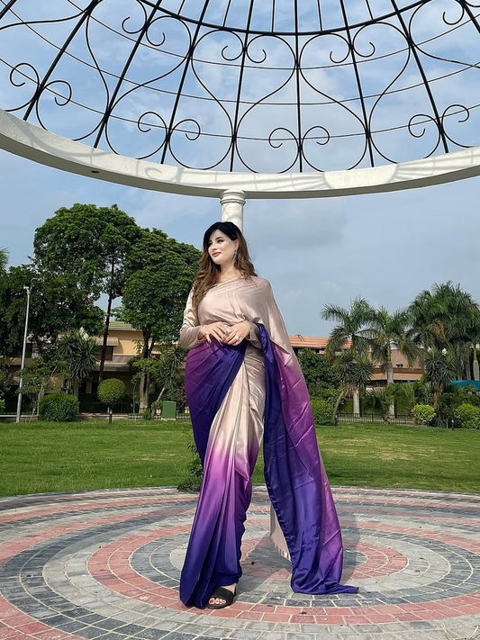 Elegant Beige to Purple Gradient Satin Silk Saree - Ombre Designer Drape