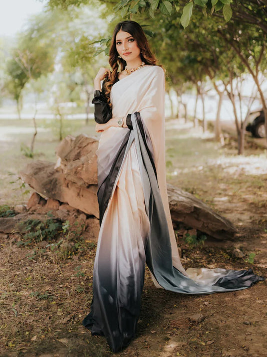 Elegant Peach to Black Gradient Satin Silk Saree - Ombre Designer Drape