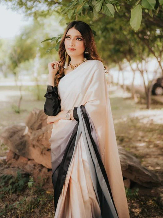Elegant Peach to Black Gradient Satin Silk Saree - Ombre Designer Drape