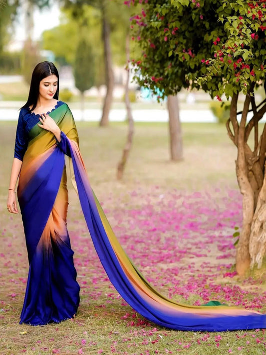 Vibrant Multicolor Rainbow Gradient Satin Silk Saree - Spectrum Designer Drape