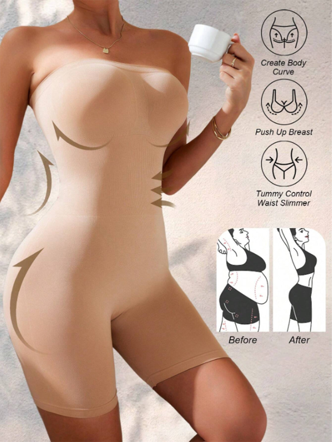 Strapless Bodysuit Shaper - Seamless Tube Body Contouring with Thigh Control